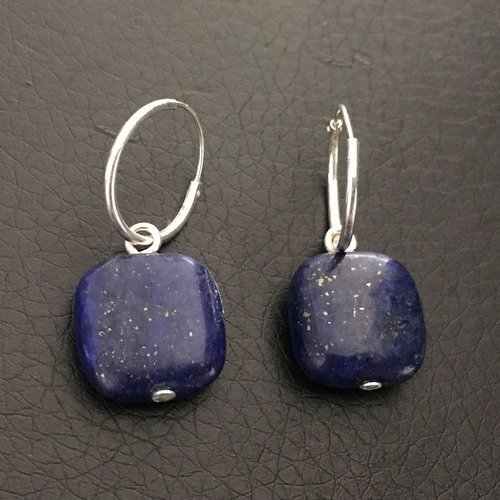 Boucles d'oreilles lapis lazuli créoles en argent 925/000 pendants carrés pierre naturelle