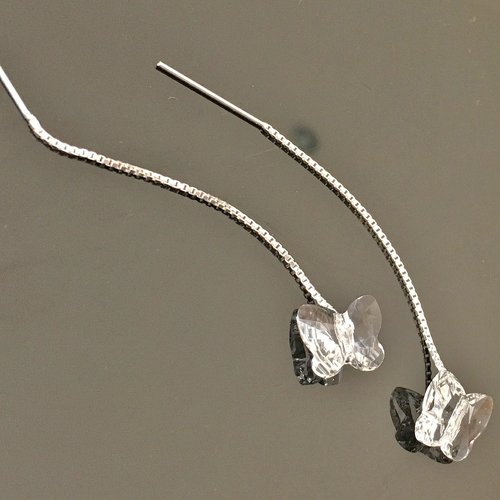 Boucles d'oreilles chainettes en argent 925/000 et papillons cristal swarovski