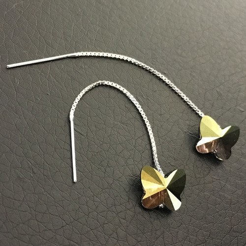 Boucles d'oreilles chainettes en argent 925/000 et papillons cristal swarovski vert irisé