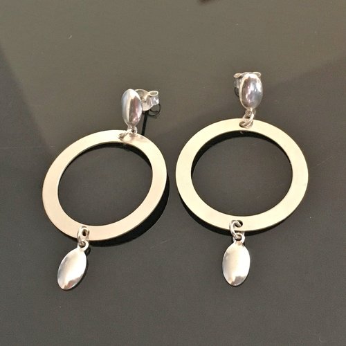 Boucles d'oreilles argent 925/000 pendants anneaux 26 mm clous fermoir tige/poussette