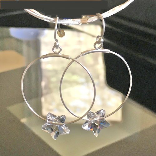 Boucles d'oreilles argent 925/000 pendants anneaux 30 mm étoiles cristal swarovski