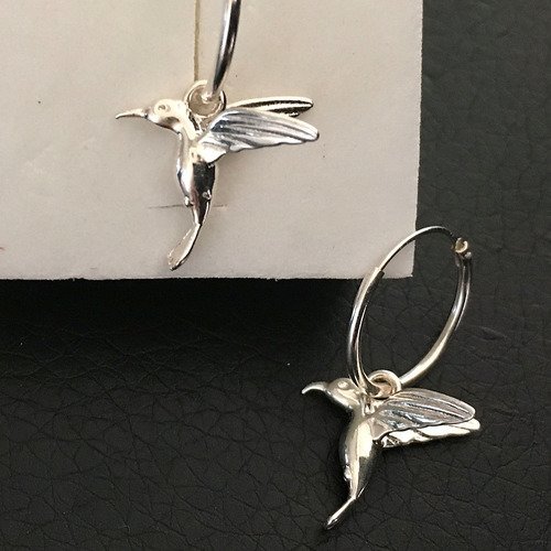 Boucles d'oreilles colibris argent 925/000 créoles 14 mm pendants oiseaux