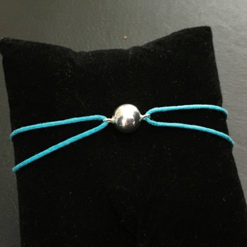Bracelet cordon bleu turquoise boule argent 925/000 pour fin poignet