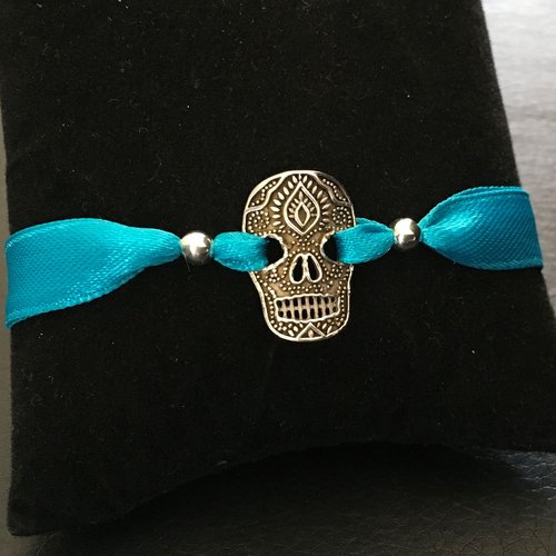 Bracelet ruban satin bleu turquoise crâne tête de mort argent 925/000 ajustable