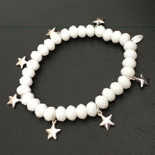 Bracelet perles cristal blanc pampilles étoiles argent 925/000 taille élastique