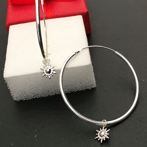 Boucles d'oreilles créoles argent 925/000 pendants étoiles anneaux diamètre 35 mm