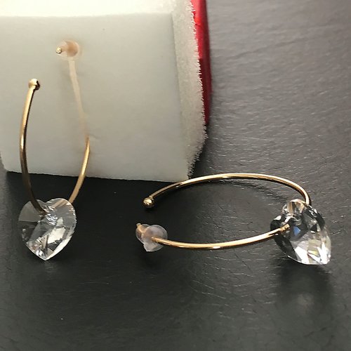 Boucles d'oreilles créoles plaqué or 18 carats pendants coeurs cristal swarovski