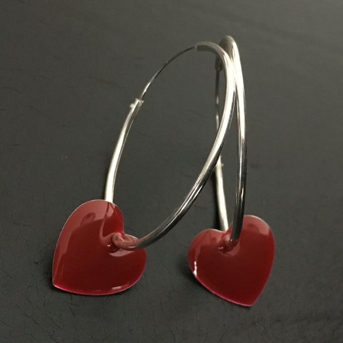 Boucles d'oreilles créoles en argent 925/000 pendants coeur rouge foncé