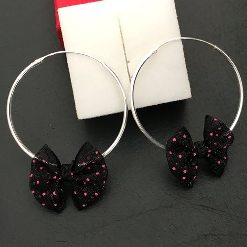 Boucles d'oreilles créoles en argent 925/000 noeud noir textile