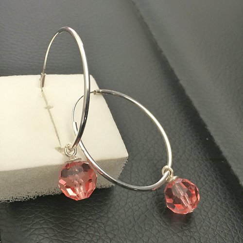 Boucles d'oreilles créoles argent 925/000 pendants perles cristal swarovski rose pêche 