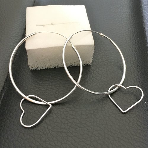 Boucles d'oreilles argent 925/000 pendants coeurs créoles diamètre 35 mm