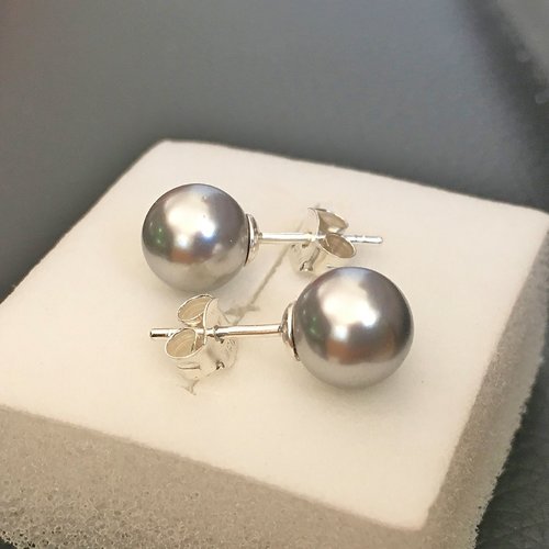 Clous d'oreilles argent 925/000 perles nacrées swarovski gris clair argenté 8 mm