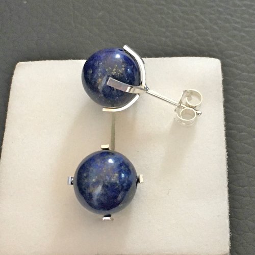 Boucles clous d'oreilles argent 925/000 boule pierre lapis lazuli diamètre 10 mm