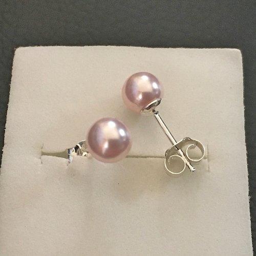 Clous d'oreilles perles nacrées swarovski rose clair 6 mm et argent 925/000