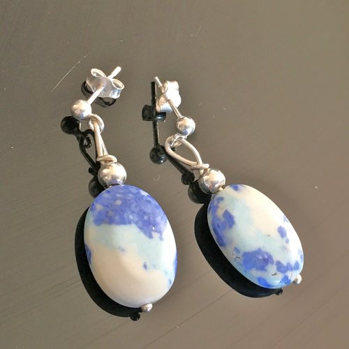 Boucles d'oreilles argent 925/000 pendantes pierre naturelle sodalite bleue veinée blanc