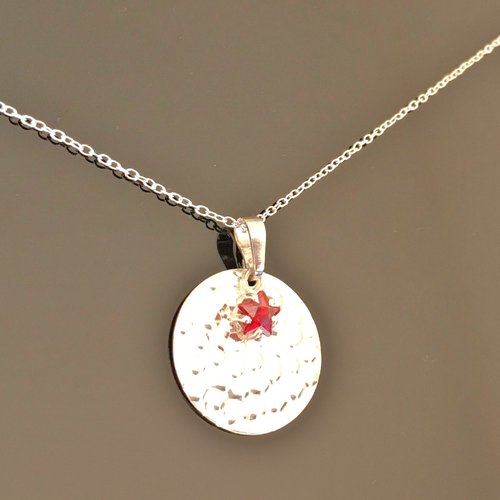 Collier argent 925 pendentif étoile zirconium rouge rubis sur fine chaine longueur 42 cm