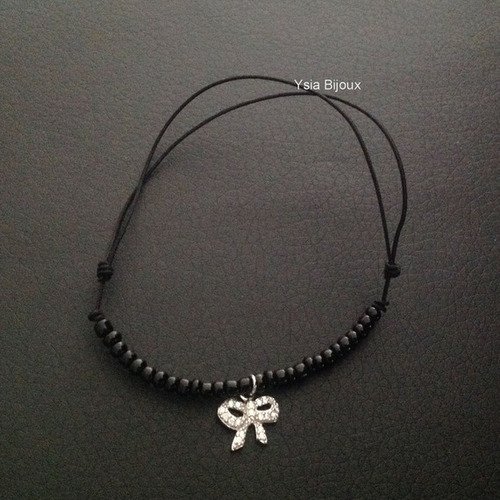 Bracelet pendant noeud papillon en argent 925 et zirconium sur fil de coton noir ajustable 
