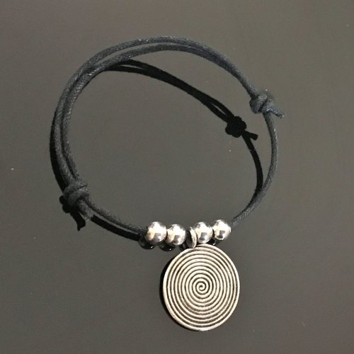 Bracelet argent 925 médaillon spirale et perles billes sur cordon noir ajustable