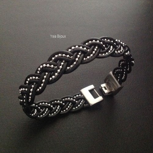 Beau bracelet en cuir véritable noir tressé et acier longueur 20 cm largeur 13 mm 