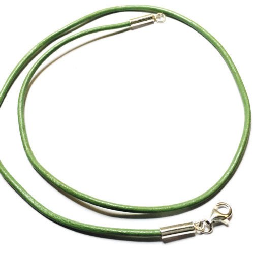 Collier cordon cuir vert fermoir argent 925 longueur 38 cm 40 cm 42 cm 45 cm ou 50 cm