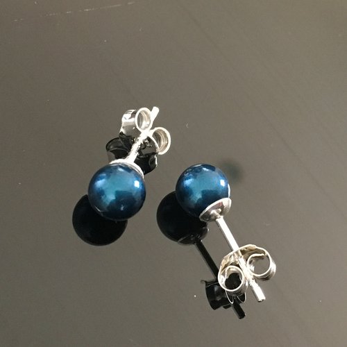 Clous d'oreilles perles nacrées swarovski bleu canard 6 mm et argent 925/000