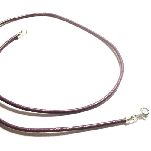 Collier cordon cuir violet pourpre fermoir argent 925 longueur 38 cm 40 cm 42 cm 45 cm ou 50 cm