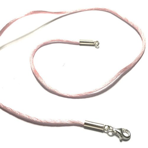 Collier cordon fil de soie rose clair fermoir argent 925 longueur 42 cm