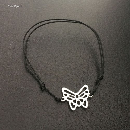 Bracelet papillon argent 925/000 sur cordon noir ajustable 