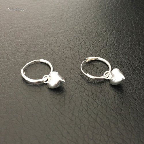 Boucles d'oreilles créoles argent 925 pendants petits coeurs diamètre anneau 12 mm 