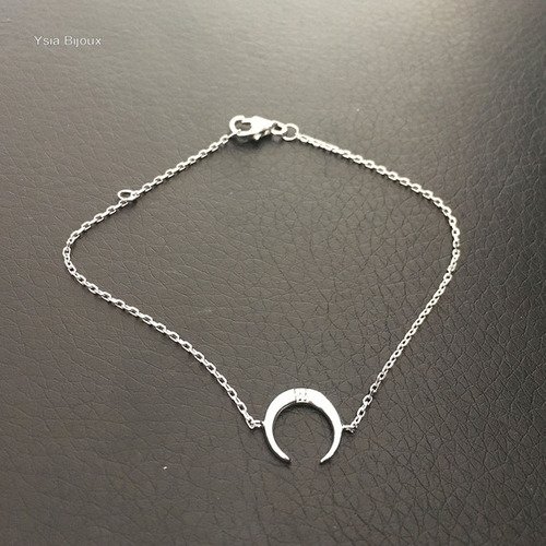 Bracelet corne demi lune en argent 925 et zirconia longueur 18 cm avec anneau de rappel à 16 cm