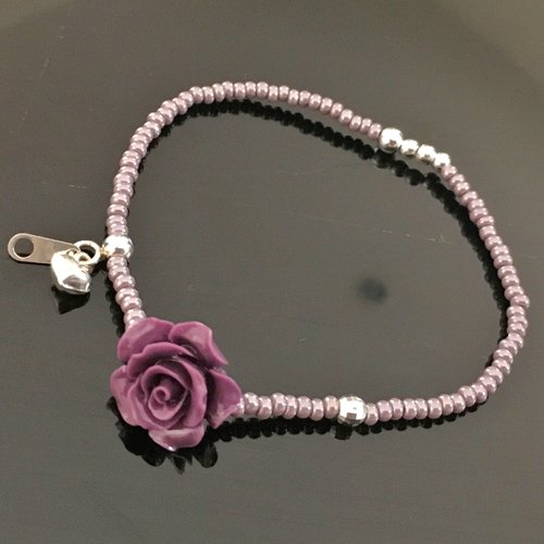 Bracelet argent 925/000 jolie rose mauve pendant petit coeur taille élastique