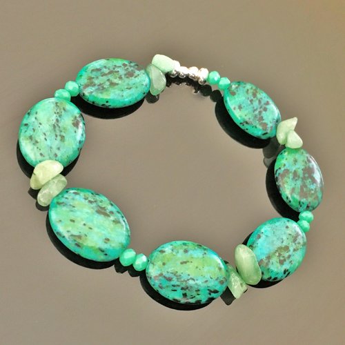 Bracelet chrysocolle aventurine- bijou pierres naturelles et argent 925/000 taille élastique