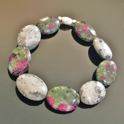 Bracelet rubis zoïsite- bijou pierres naturelles et argent 925/000 taille élastique