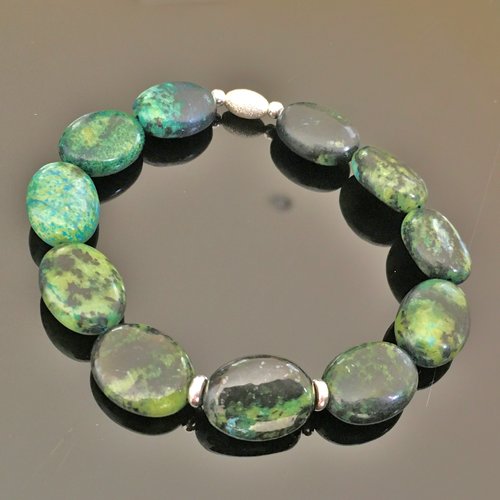 Bracelet agate vert mousse- bijou pierres naturelles et argent 925/000 taille élastique