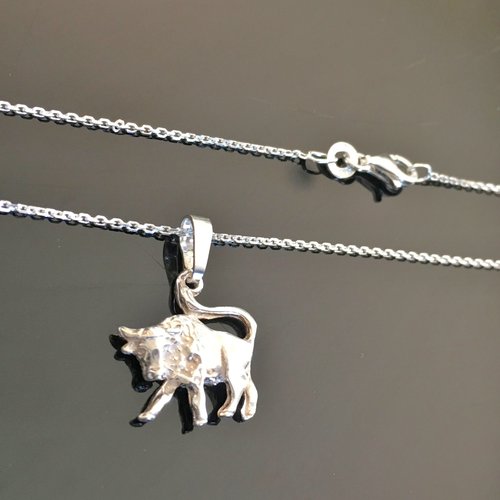 Collier argent 925/000 pendentif signe du zodiaque taureau sur fine chaine 42 cm