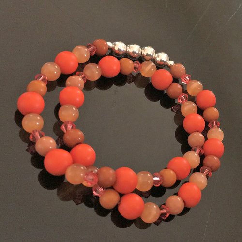 Bracelet perles ton corail - oeil de chat - cristal swarovski - bois - argent 925/000 taille élastique