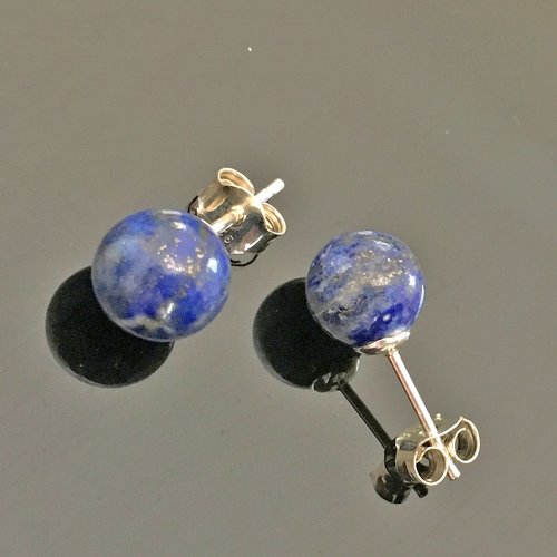 Boucles clous d'oreilles argent 925/000 pierre lapis lazuli diamètre 8 mm