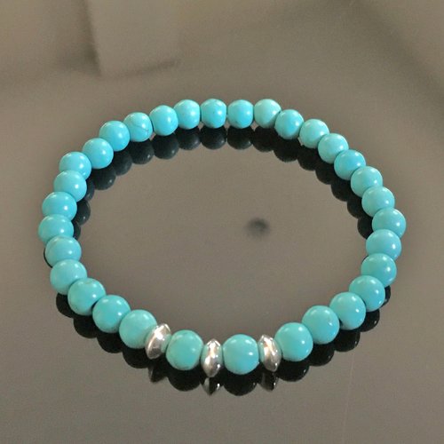 Bracelet perles turquoise et argent 925/000 taille élastique - bijou pierre magnésite