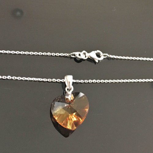 Collier pendentif coeur cristal swarovski ambre clair en argent 925/000 sur fine chaine