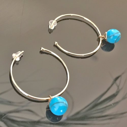 Boucles d'oreilles créoles plaqué or 18 carats pendants perles couleur turquoise