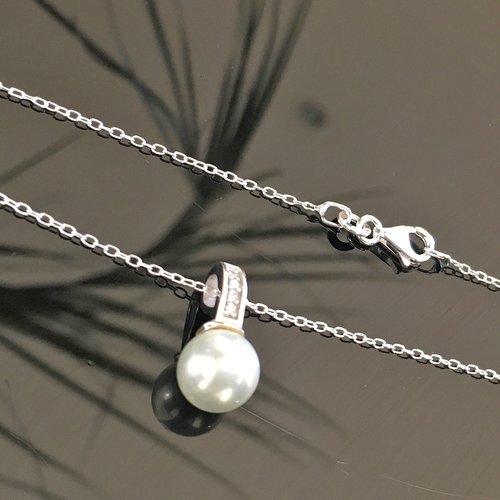 Collier pendentif perle nacrée blanche en argent massif 925 sur fine chaine longueur 42 cm argent 925