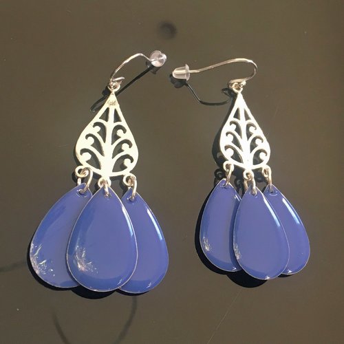Boucles d'oreilles bohème en argent 925/000 pendants chandeliers et pampilles émail bleu roi