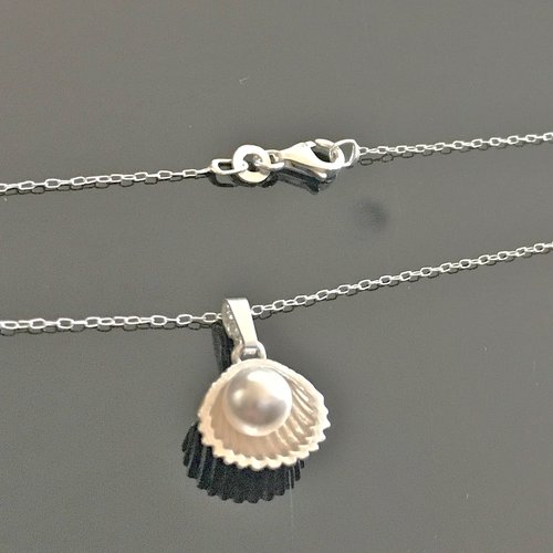 Collier argent 925/000 pendentif petit coquillage perle blanche nacrée swarovski