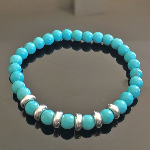 Bracelet perles turquoise et argent 925/000 taille élastique - bijou pierre magnésite