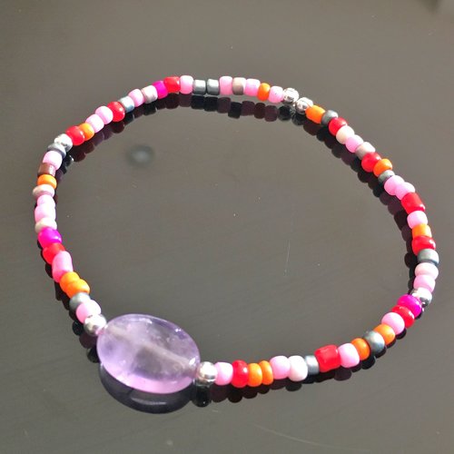 Bracelet pierre améthyste - perles de rocaille et argent 925/000 taille élastique