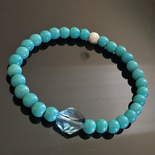 Bracelet argent 925/000 perles turquoise et cristal swarovski taille élastique - bijou pierre magnésite