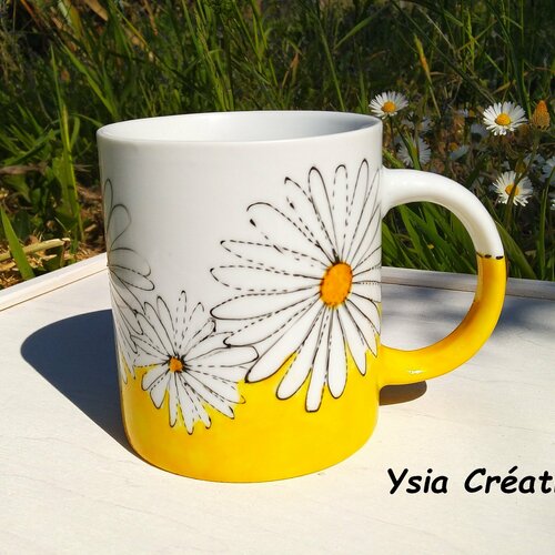 Mug porcelaine fleurs, tasse céramique jaune, mug marguerites artisanal