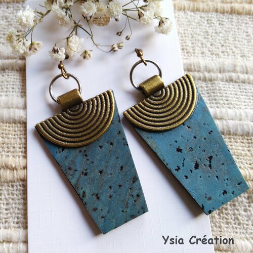 Boucles d'oreilles en liège  turquoise/émeraude , bronze