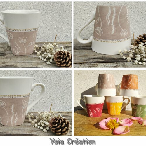 Mug céramique couleur taupe, mug fait main, tasse peint main fleurs,