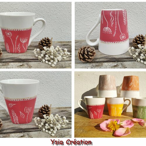 Mug céramique peint rouge, tasse fait main, mug personnalisable, mug nature fleurs